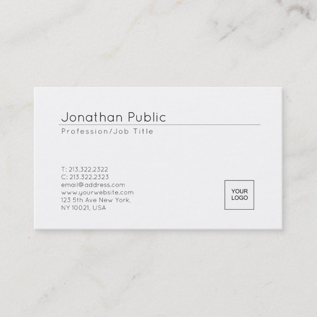 Trendy Add Your Logo Elegant White Clean Design Business Card (Front)