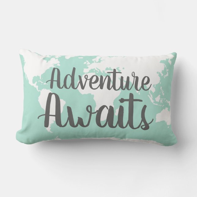 Trendy Adventure Awaits World Map in Mint Lumbar Cushion (Front)
