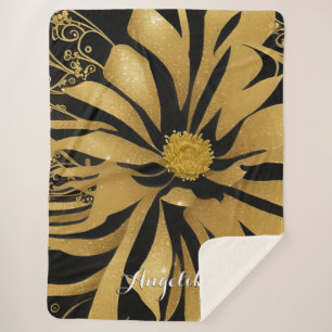 Trendy and Chic Floral Black and Gold Name Sherpa Blanket