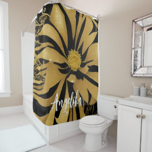 Trendy and Chic Floral Black and Gold Name Shower Curtain