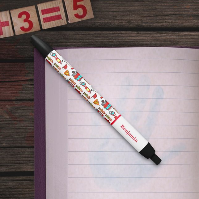 Trendy and Cute Red Fire Engine & Fire Fighters Black Ink Pen (Creator Uploaded)