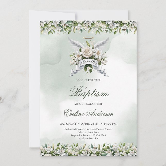 Trendy angel wings lilies Blessed day Baptism Invitation (Front)