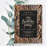 Trendy Animal Print 21st Birthday Party Invitation<br><div class="desc">Celebrate her 21st birthday in trendy style with this custom Safari style invitation. It features a wild animal print pattern in earthy shades of brown, tan, beige and black with a stripes and spots pattern. A chic black background frames your custom text in style. Personalise the text template with your...</div>