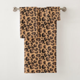 Trendy Animal Print Black Brown Leopard Pattern Bath Towel Set