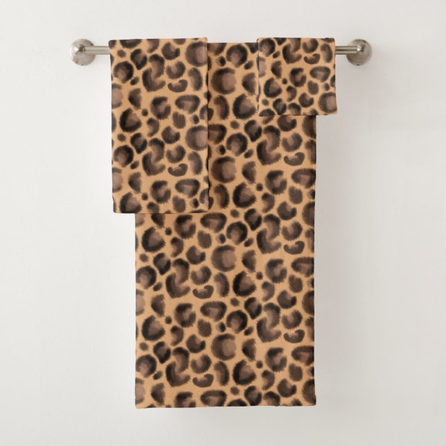 Trendy Animal Print Black Brown Leopard Pattern Bath Towel Set (Insitu)