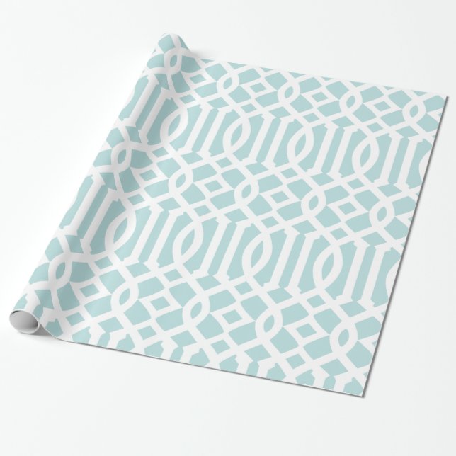 Trendy Aqua and White Trellis Pattern Wrapping Paper (Unrolled)