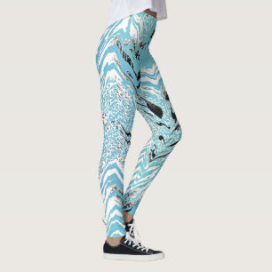Trendy Aqua Blue Black White Chevron ZigZag Leggings