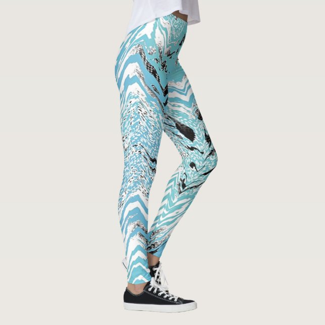Trendy Aqua Blue Black White Chevron ZigZag Leggings (Right)