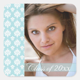 Trendy aqua blue damask photo graduation stickers