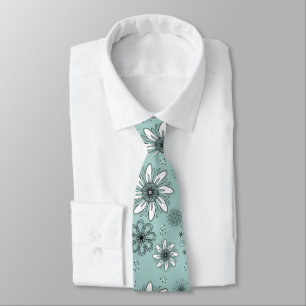 Trendy Aqua Daisy Floral Pen and Ink Print Tie
