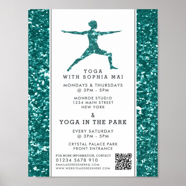 Trendy Aqua Glitter Effect Yoga Class Advertising Poster (Front)