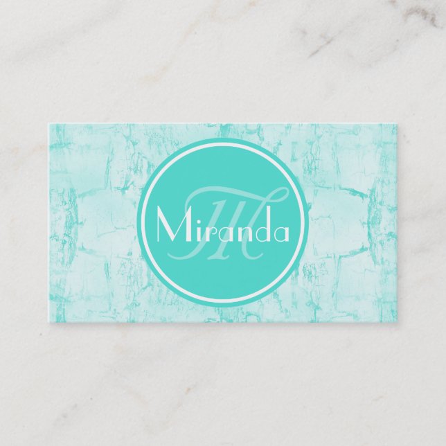 Trendy Aqua Mint Crackle Pattern With Monogram Business Card (Front)