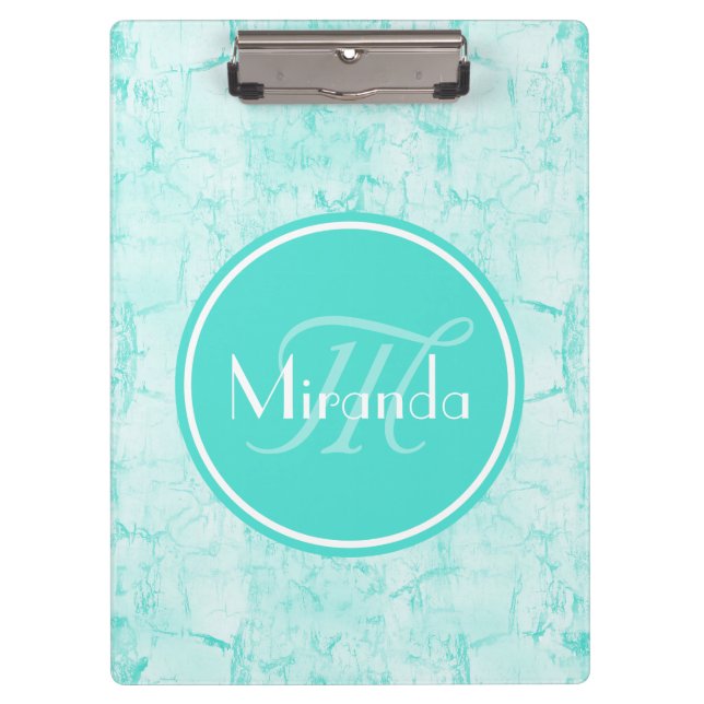 Trendy Aqua Mint Crackle Pattern With Monogram Clipboard (Front)