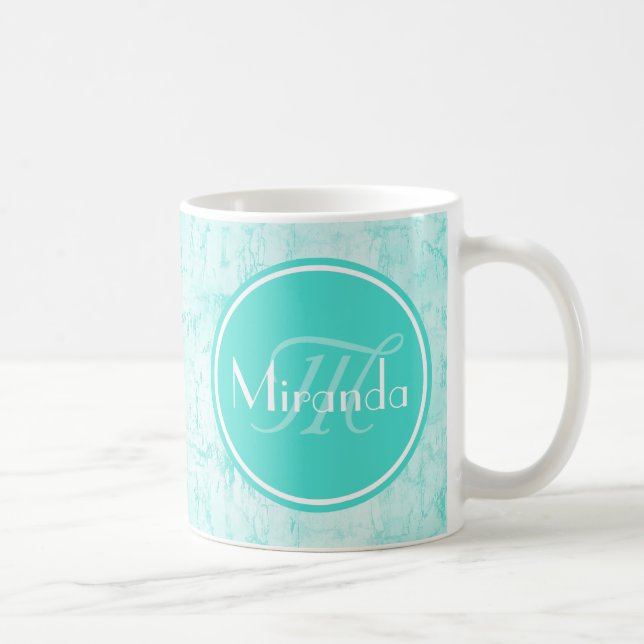 Trendy Aqua Mint Crackle Pattern With Monogram Coffee Mug (Right)