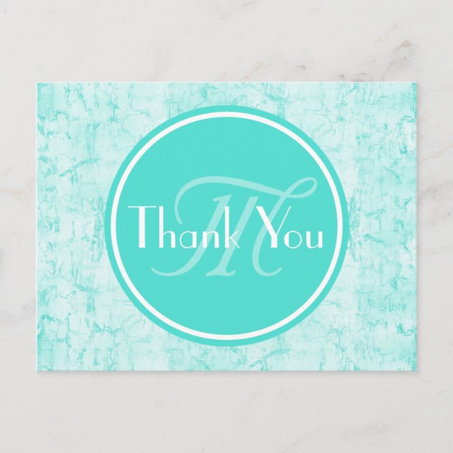 Trendy Aqua Mint Thank You With Monogram Postcard (Front)