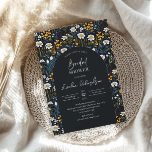 Trendy arch watercolor navy yellow wildflowers invitation