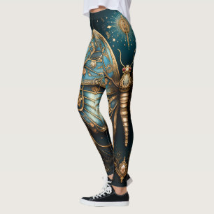Trendy Art Deco Blue Gold Butterfly Yoga Leggings