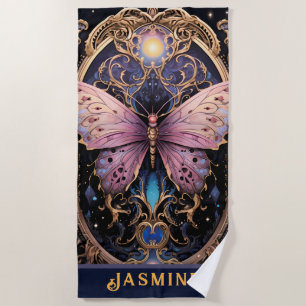 Trendy Art Deco Purple Pink Gold Butterfly Beach Towel