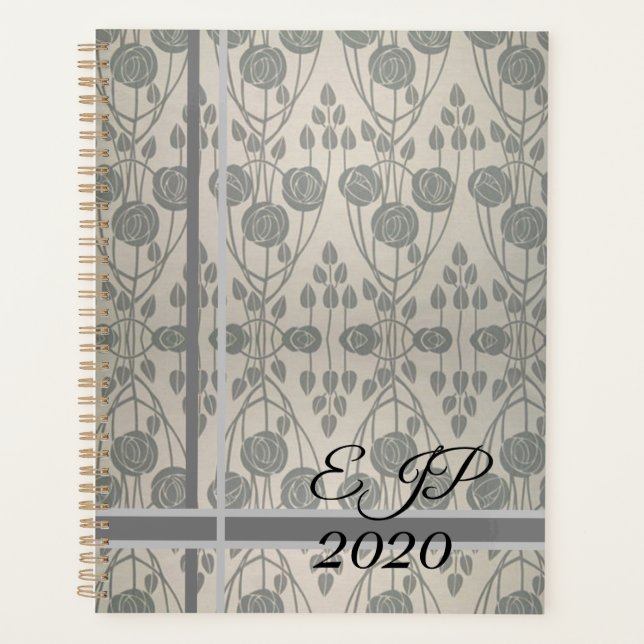 Trendy Art Nouveau Designn in Greys, Monogrammed Planner (Front)