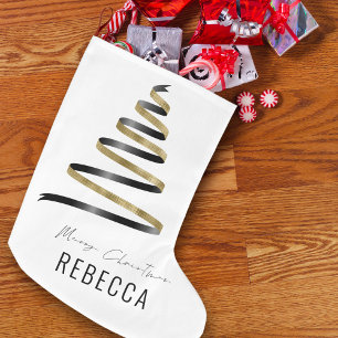 Trendy Artsy Tree Gold Black Name Merry  Large Christmas Stocking
