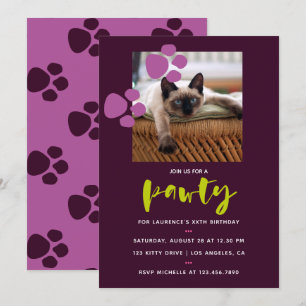 Trendy aubergine and purple Cat Birthday Party Invitation