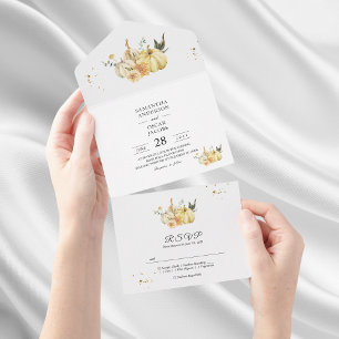 Trendy Autumn Watercolor Pumpkin & Flowers All In One Invitation