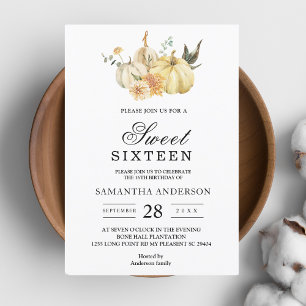 Trendy Autumn Watercolor Pumpkin & Flowers Invitation
