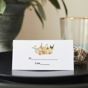 Trendy Autumn Watercolor Pumpkin & Flowers Place Card