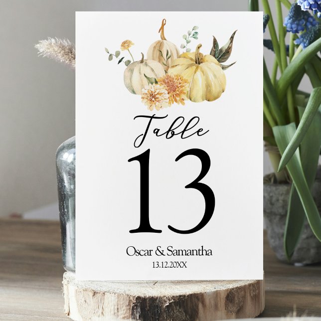 Trendy Autumn Watercolor Pumpkin & Flowers Table Number (Creator Uploaded)