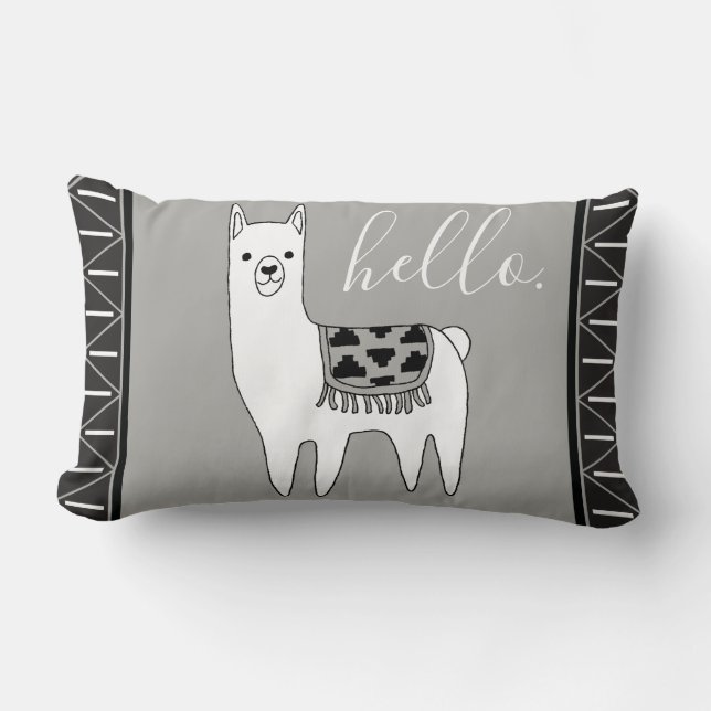 Trendy Aztec Pattern & White Llama Hello. Lumbar Cushion (Front)