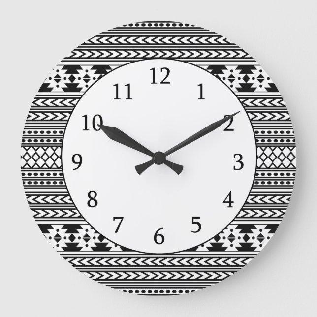 Trendy Aztec Tribal Print Geometric Pattern(Black) Large Clock (Front)