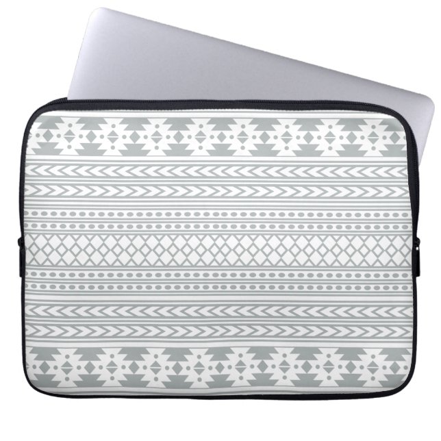 Trendy Aztec Tribal Print Geometric Pattern Grey Laptop Sleeve (Front)