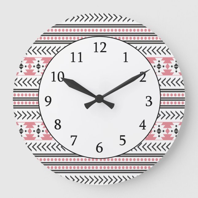 Trendy Aztec Tribal Print Geometric Pattern Pink Large Clock (Front)