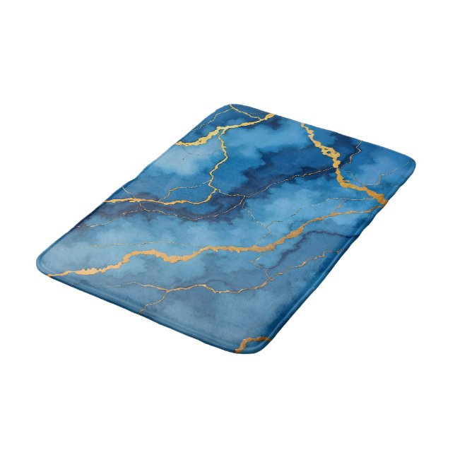 Trendy Azure Blue Gold Marble Collection Bath Mat (Angled)