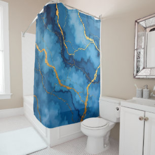 Trendy Azure Blue Gold Marble Collection Shower Curtain