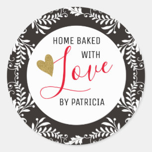 Trendy Baked With love Black And White Classic Round Sticker