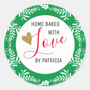 Trendy Baked With love Green And White Classic Round Sticker