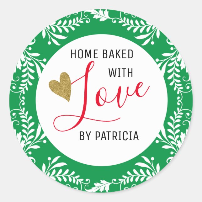 Trendy Baked With love Green And White Classic Round Sticker (Front)