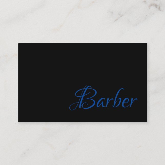 Trendy Barber in Bright Blue on Black on Business Card (Front)