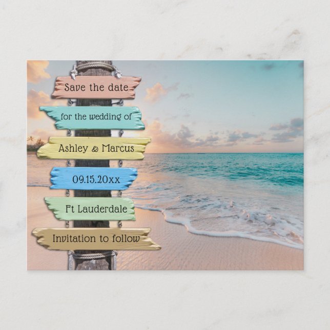 Trendy Beach Sign Wedding Save the Date  Announcement Postcard (Front)