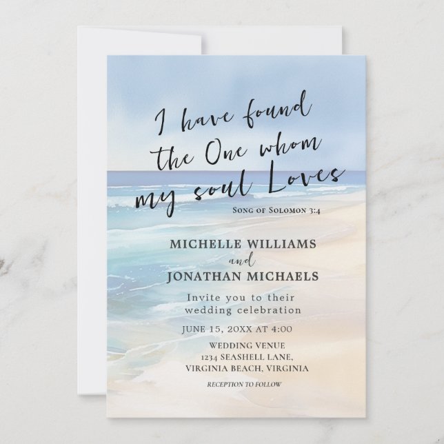 Trendy Beach Watercolor Ocean Christian Wedding Invitation (Front)