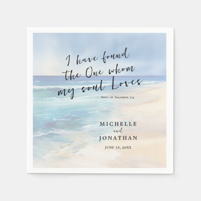 Trendy Beach Watercolor Ocean Christian Wedding Napkin (Front)