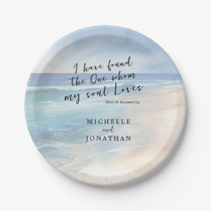 Trendy Beach Watercolor Ocean Christian Wedding Paper Plate