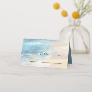 Trendy Beach Watercolor Ocean Christian Wedding Place Card
