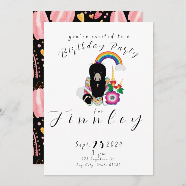 Trendy BearyCorn Cartoon Girls Birthday Party Invitation (Front/Back)