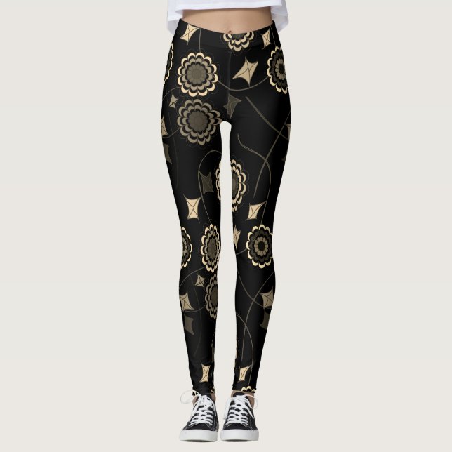 Trendy Beige Colour Flower Ivy Black Leggings (Front)