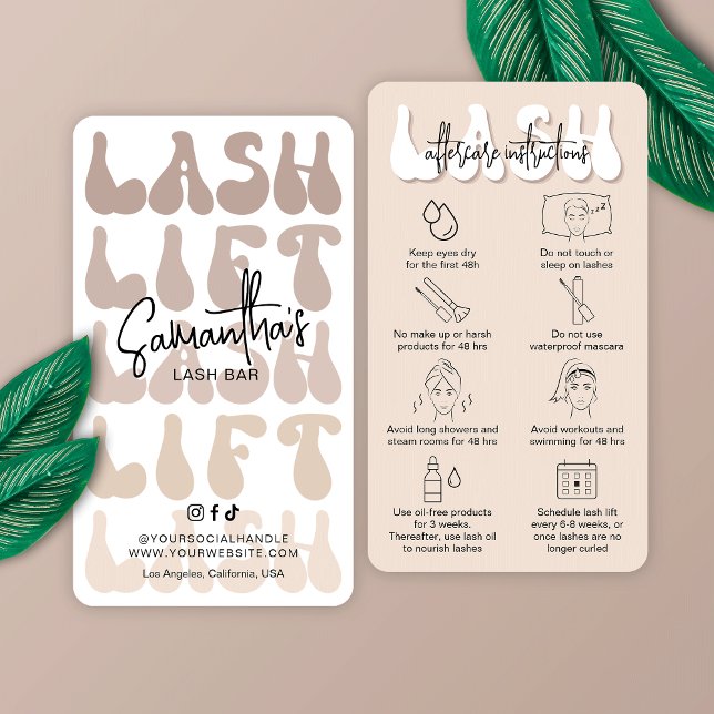 Trendy Beige Lash Lift Tint Aftercare Retro Salon Business Card (Lash Lift & Tint care instructions cards in beige & white with retro fonts and care icons)