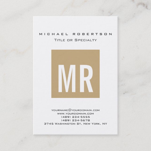 Trendy Beige Monogram White Business Card (Front)