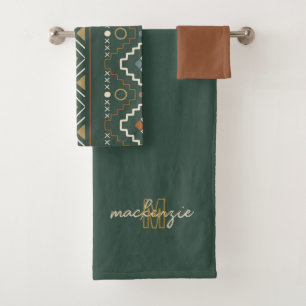 Trendy Beige Monogram with Terracotta Boho Brown  Bath Towel Set