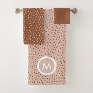 Trendy Beige Monogram with Terracotta Boho Brown Bath Towel Set
